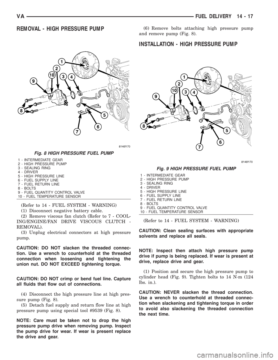 MERCEDES-BENZ SPRINTER 2006  Service Manual REMOVAL - HIGH PRESSURE PUMP
(Refer to 14 - FUEL SYSTEM - WARNING)
(1) Disconnect negative battery cable.
(2) Remove viscous fan clutch (Refer to 7 - COOL-
ING/ENGINE/FAN DRIVE VISCOUS CLUTCH -
REMOVA
