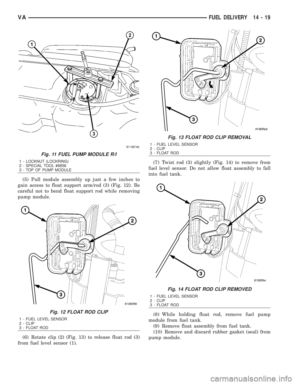 MERCEDES-BENZ SPRINTER 2006  Service Manual (5) Pull module assembly up just a few inches to
gain access to float support arm/rod (3) (Fig. 12). Be
careful not to bend float support rod while removing
pump module.
(6) Rotate clip (2) (Fig. 13) 