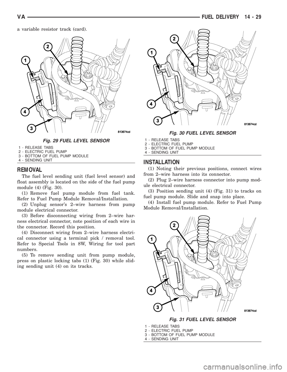 MERCEDES-BENZ SPRINTER 2006  Service Manual a variable resistor track (card).
REMOVAL
The fuel level sending unit (fuel level sensor) and
float assembly is located on the side of the fuel pump
module (4) (Fig. 30).
(1) Remove fuel pump module f