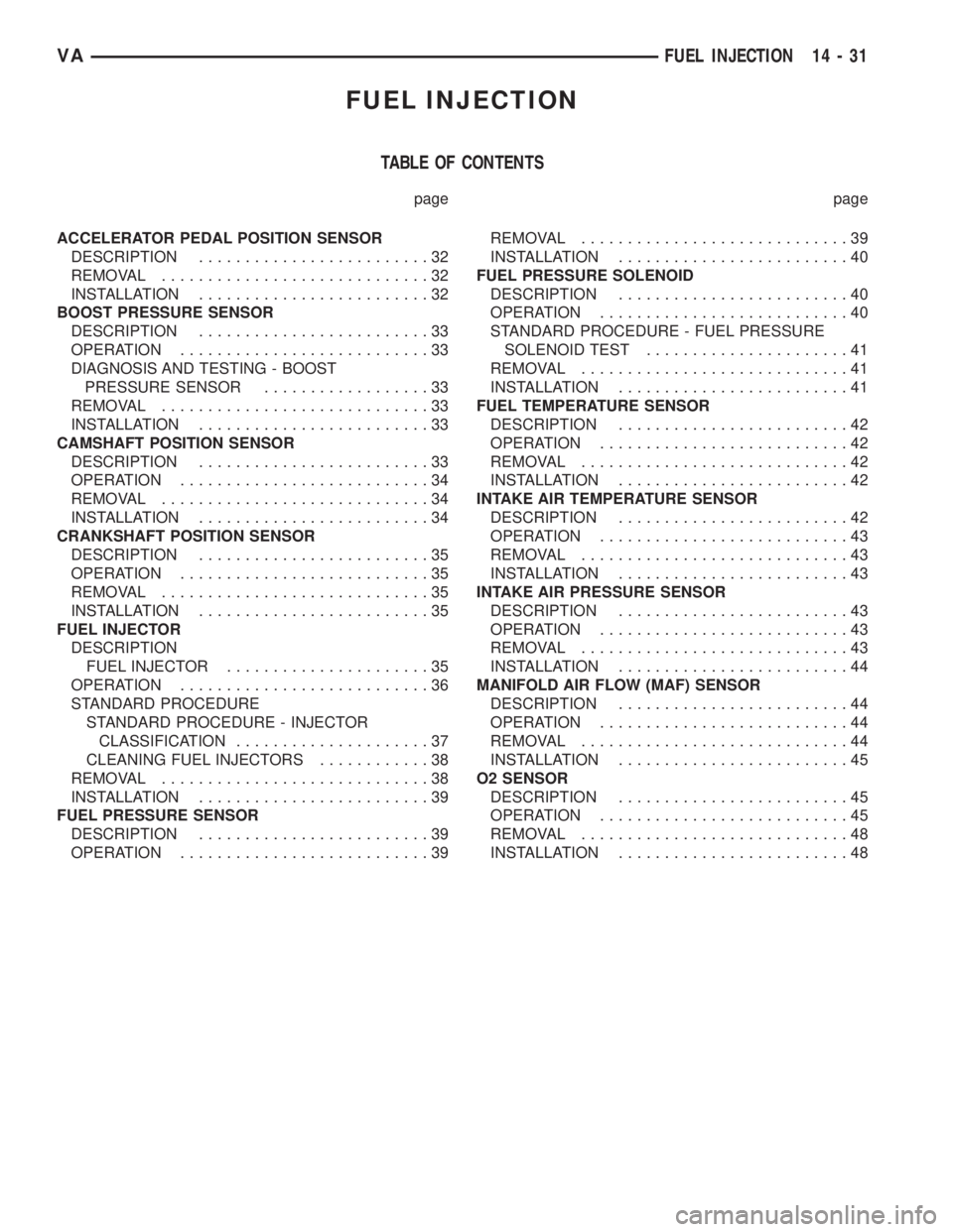 MERCEDES-BENZ SPRINTER 2006  Service Manual FUEL INJECTION
TABLE OF CONTENTS
page page
ACCELERATOR PEDAL POSITION SENSOR
DESCRIPTION.........................32
REMOVAL.............................32
INSTALLATION.........................32
BOOST
