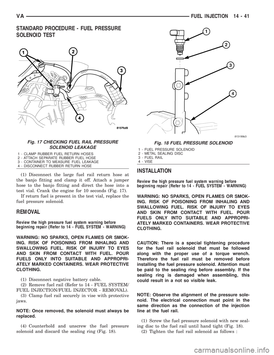 MERCEDES-BENZ SPRINTER 2006  Service Manual STANDARD PROCEDURE - FUEL PRESSURE
SOLENOID TEST
(1) Disconnect the large fuel rail return hose at
the banjo fitting and clamp it off. Attach a jumper
hose to the banjo fitting and direct the hose int
