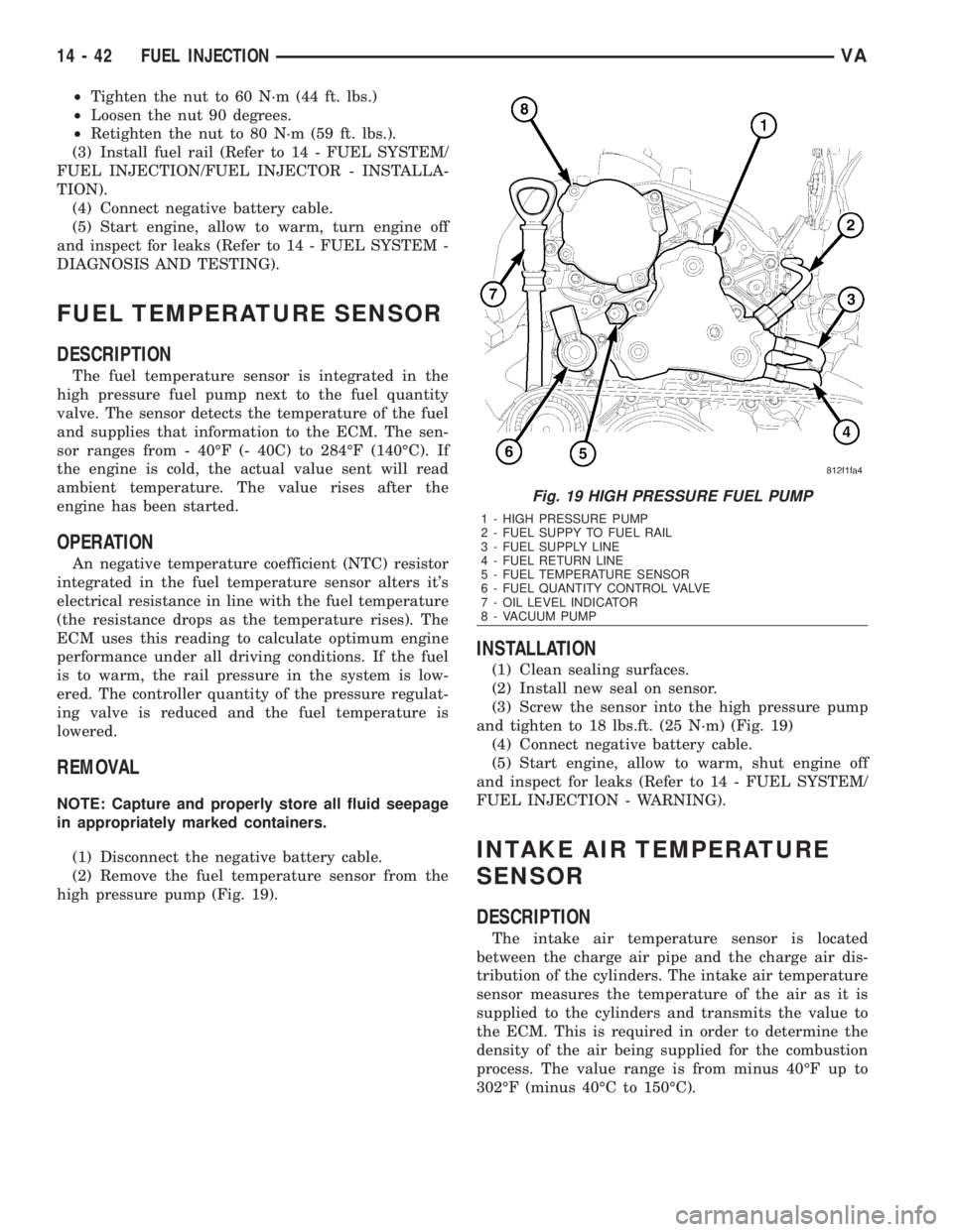 MERCEDES-BENZ SPRINTER 2006  Service Manual ²Tighten the nut to 60 N´m (44 ft. lbs.)
²Loosen the nut 90 degrees.
²Retighten the nut to 80 N´m (59 ft. lbs.).
(3) Install fuel rail (Refer to 14 - FUEL SYSTEM/
FUEL INJECTION/FUEL INJECTOR - I