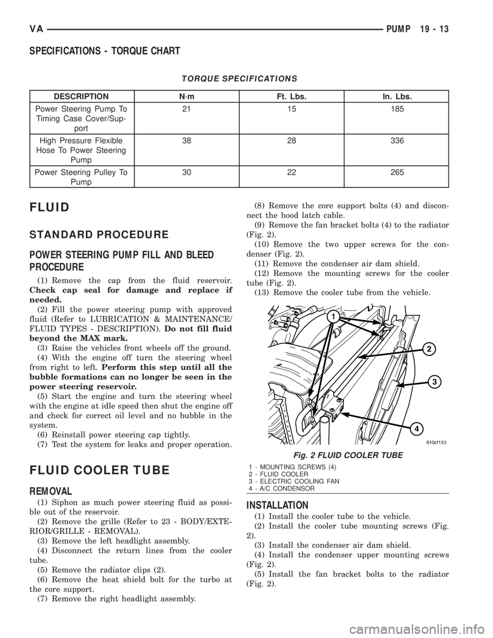 MERCEDES-BENZ SPRINTER 2006  Service Manual SPECIFICATIONS - TORQUE CHART
TORQUE SPECIFICATIONS
DESCRIPTION N´m Ft. Lbs. In. Lbs.
Power Steering Pump To
Timing Case Cover/Sup-
port21 15 185
High Pressure Flexible
Hose To Power Steering
Pump38 
