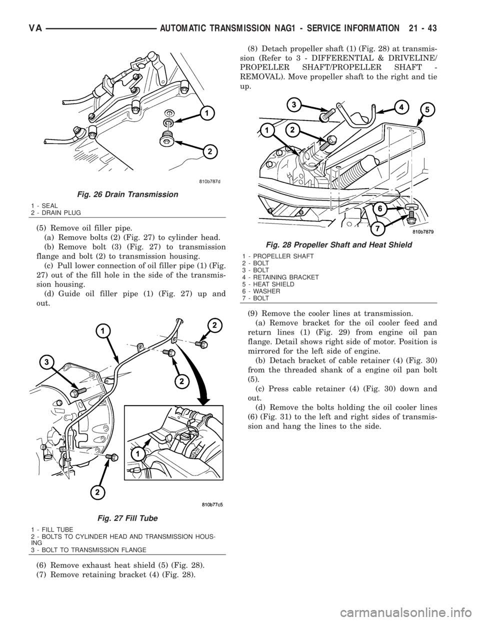 MERCEDES-BENZ SPRINTER 2006  Service Manual (5) Remove oil filler pipe.
(a) Remove bolts (2) (Fig. 27) to cylinder head.
(b) Remove bolt (3) (Fig. 27) to transmission
flange and bolt (2) to transmission housing.
(c) Pull lower connection of oil