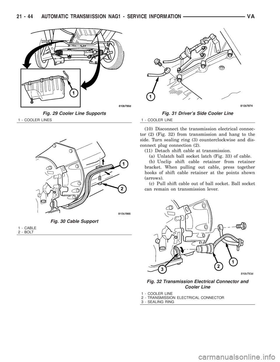 MERCEDES-BENZ SPRINTER 2006  Service Manual (10) Disconnect the transmission electrical connec-
tor (2) (Fig. 32) from transmission and hang to the
side. Turn sealing ring (3) counterclockwise and dis-
connect plug connection (2).
(11) Detach s