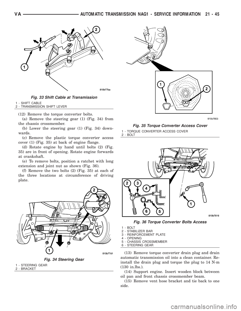 MERCEDES-BENZ SPRINTER 2006  Service Manual (12) Remove the torque converter bolts.
(a) Remove the steering gear (1) (Fig. 34) from
the chassis crossmember.
(b) Lower the steering gear (1) (Fig. 34) down-
wards.
(c) Remove the plastic torque co