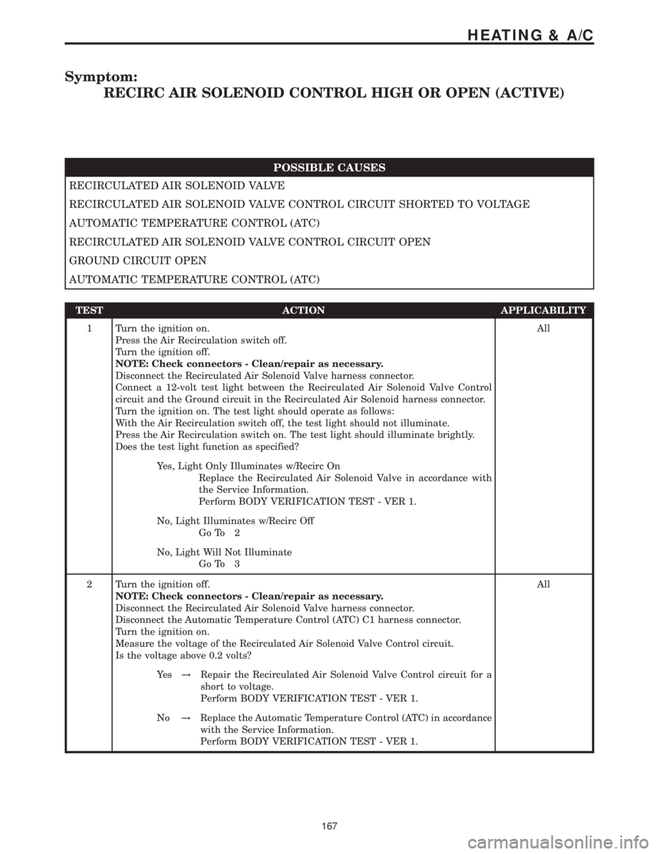 MERCEDES-BENZ SPRINTER 2006 Service Manual Symptom:
RECIRC AIR SOLENOID CONTROL HIGH OR OPEN (ACTIVE)
POSSIBLE CAUSES
RECIRCULATED AIR SOLENOID VALVE
RECIRCULATED AIR SOLENOID VALVE CONTROL CIRCUIT SHORTED TO VOLTAGE
AUTOMATIC TEMPERATURE CONT MERCEDES-BENZ SPRINTER 2006 Service Manual Symptom:
RECIRC AIR SOLENOID CONTROL HIGH OR OPEN (ACTIVE)
POSSIBLE CAUSES
RECIRCULATED AIR SOLENOID VALVE
RECIRCULATED AIR SOLENOID VALVE CONTROL CIRCUIT SHORTED TO VOLTAGE
AUTOMATIC TEMPERATURE CONT