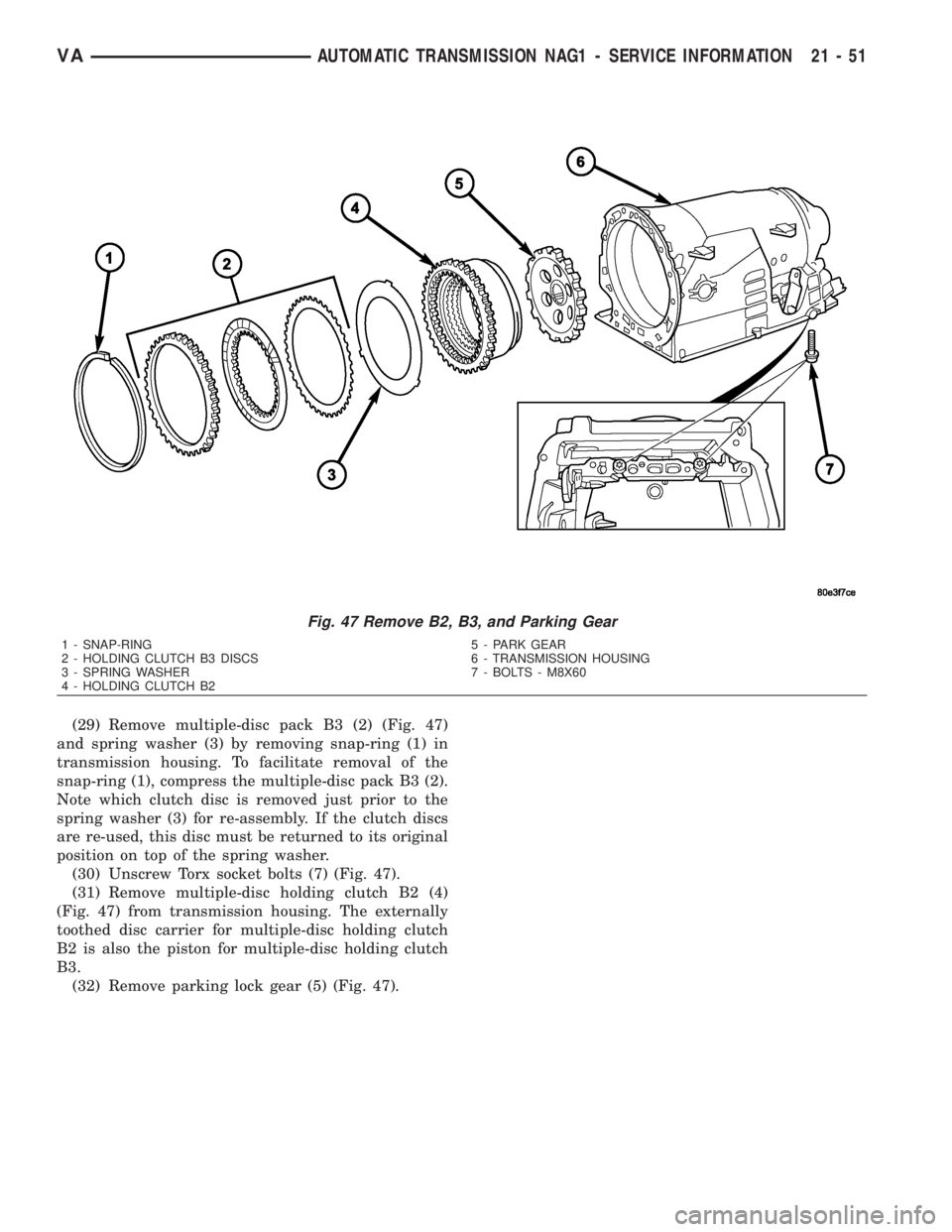 MERCEDES-BENZ SPRINTER 2006  Service Manual (29) Remove multiple-disc pack B3 (2) (Fig. 47)
and spring washer (3) by removing snap-ring (1) in
transmission housing. To facilitate removal of the
snap-ring (1), compress the multiple-disc pack B3 