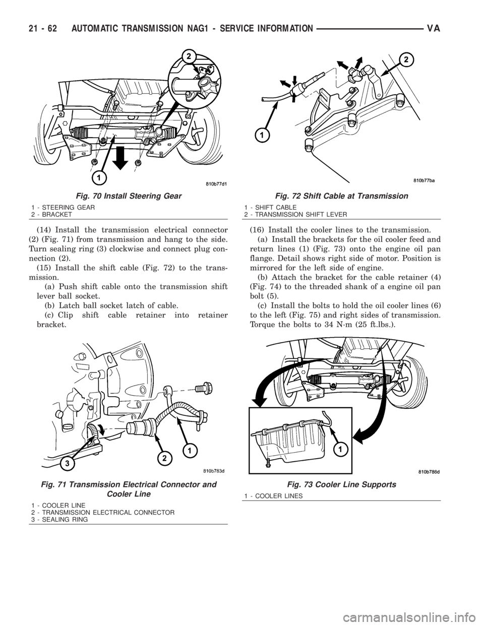 MERCEDES-BENZ SPRINTER 2006  Service Manual (14) Install the transmission electrical connector
(2) (Fig. 71) from transmission and hang to the side.
Turn sealing ring (3) clockwise and connect plug con-
nection (2).
(15) Install the shift cable