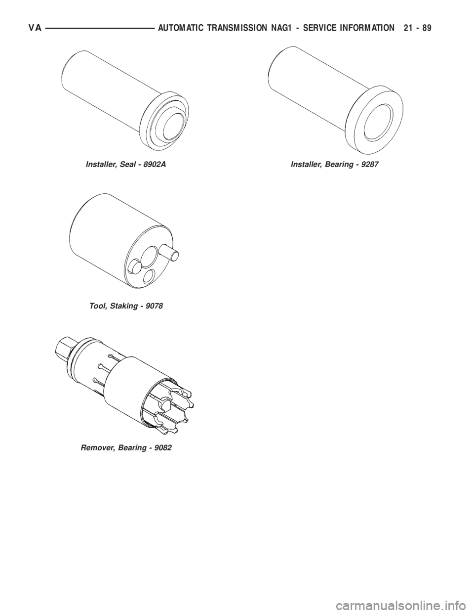 MERCEDES-BENZ SPRINTER 2006  Service Manual Installer, Seal - 8902A
Tool, Staking - 9078
Remover, Bearing - 9082
Installer, Bearing - 9287
VAAUTOMATIC TRANSMISSION NAG1 - SERVICE INFORMATION 21 - 89 
