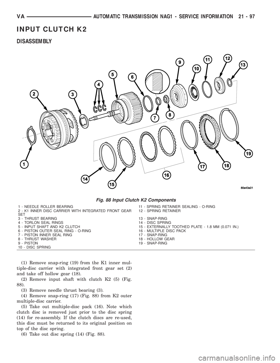 MERCEDES-BENZ SPRINTER 2006 Service Manual INPUT CLUTCH K2
DISASSEMBLY
(1) Remove snap-ring (19) from the K1 inner mul-
tiple-disc carrier with integrated front gear set (2)
and take off hollow gear (18).
(2) Remove input shaft with clutch K2 MERCEDES-BENZ SPRINTER 2006 Service Manual INPUT CLUTCH K2
DISASSEMBLY
(1) Remove snap-ring (19) from the K1 inner mul-
tiple-disc carrier with integrated front gear set (2)
and take off hollow gear (18).
(2) Remove input shaft with clutch K2