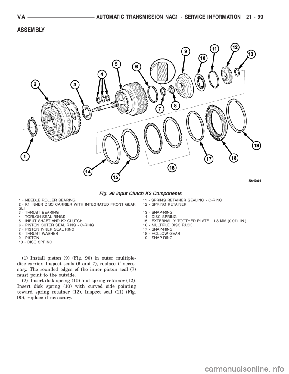MERCEDES-BENZ SPRINTER 2006  Service Manual ASSEMBLY
(1) Install piston (9) (Fig. 90) in outer multiple-
disc carrier. Inspect seals (6 and 7), replace if neces-
sary. The rounded edges of the inner piston seal (7)
must point to the outside.
(2