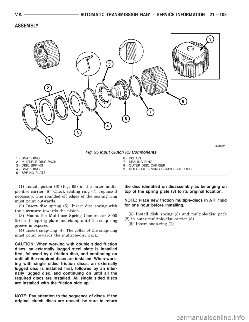 MERCEDES-BENZ SPRINTER 2006  Service Manual ASSEMBLY
(1) Install piston (6) (Fig. 95) in the outer multi-
ple-disc carrier (8). Check sealing ring (7), replace if
necessary. The rounded off edges of the sealing ring
must point outwards.
(2) Ins