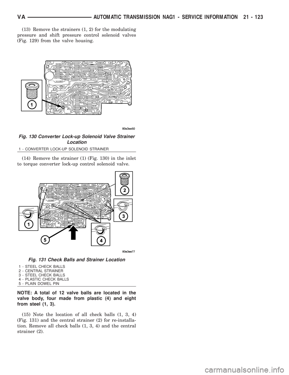 MERCEDES-BENZ SPRINTER 2006  Service Manual (13) Remove the strainers (1, 2) for the modulating
pressure and shift pressure control solenoid valves
(Fig. 129) from the valve housing.
(14) Remove the strainer (1) (Fig. 130) in the inlet
to torqu