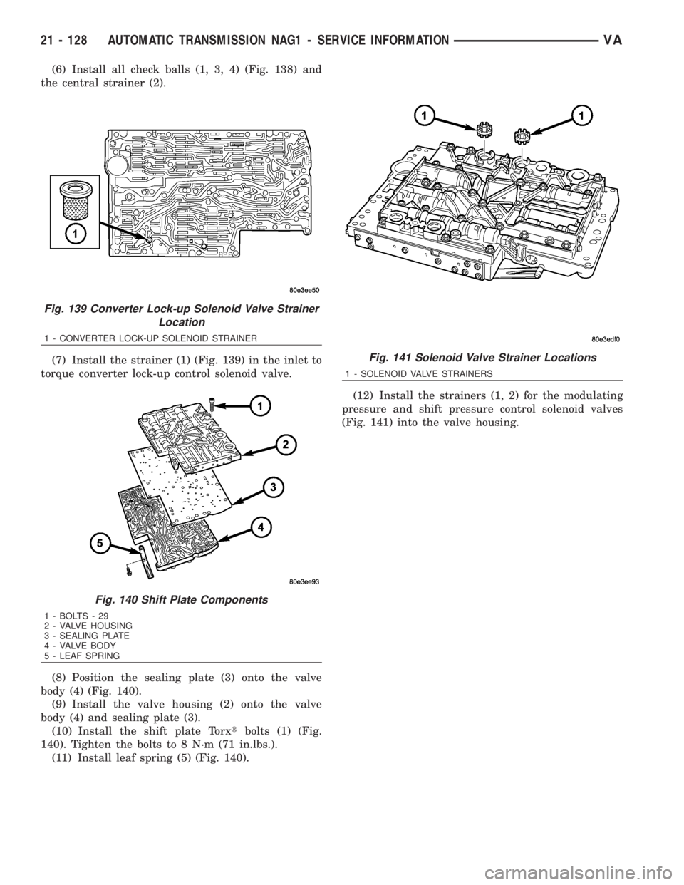 MERCEDES-BENZ SPRINTER 2006  Service Manual (6) Install all check balls (1, 3, 4) (Fig. 138) and
the central strainer (2).
(7) Install the strainer (1) (Fig. 139) in the inlet to
torque converter lock-up control solenoid valve.
(8) Position the
