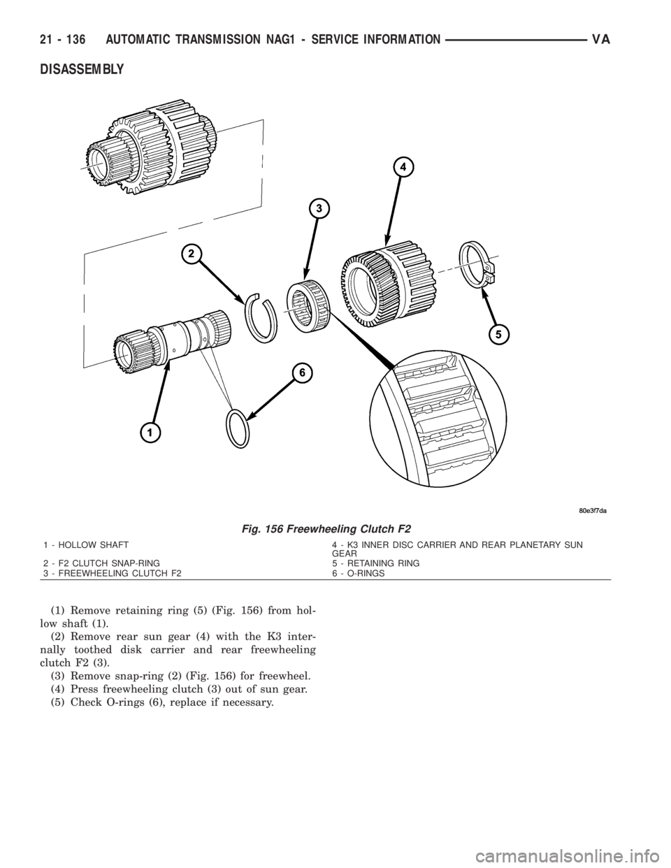 MERCEDES-BENZ SPRINTER 2006  Service Manual DISASSEMBLY
(1) Remove retaining ring (5) (Fig. 156) from hol-
low shaft (1).
(2) Remove rear sun gear (4) with the K3 inter-
nally toothed disk carrier and rear freewheeling
clutch F2 (3).
(3) Remove