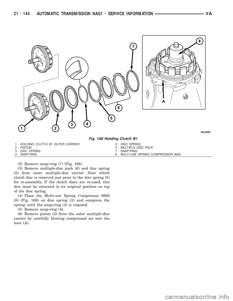 MERCEDES-BENZ SPRINTER 2006  Service Manual (2) Remove snap-ring (7) (Fig. 168).
(3) Remove multiple-disc pack (6) and disc spring
(5) from outer multiple-disc carrier. Note which
clutch disc is removed just prior to the disc spring (5)
for re-