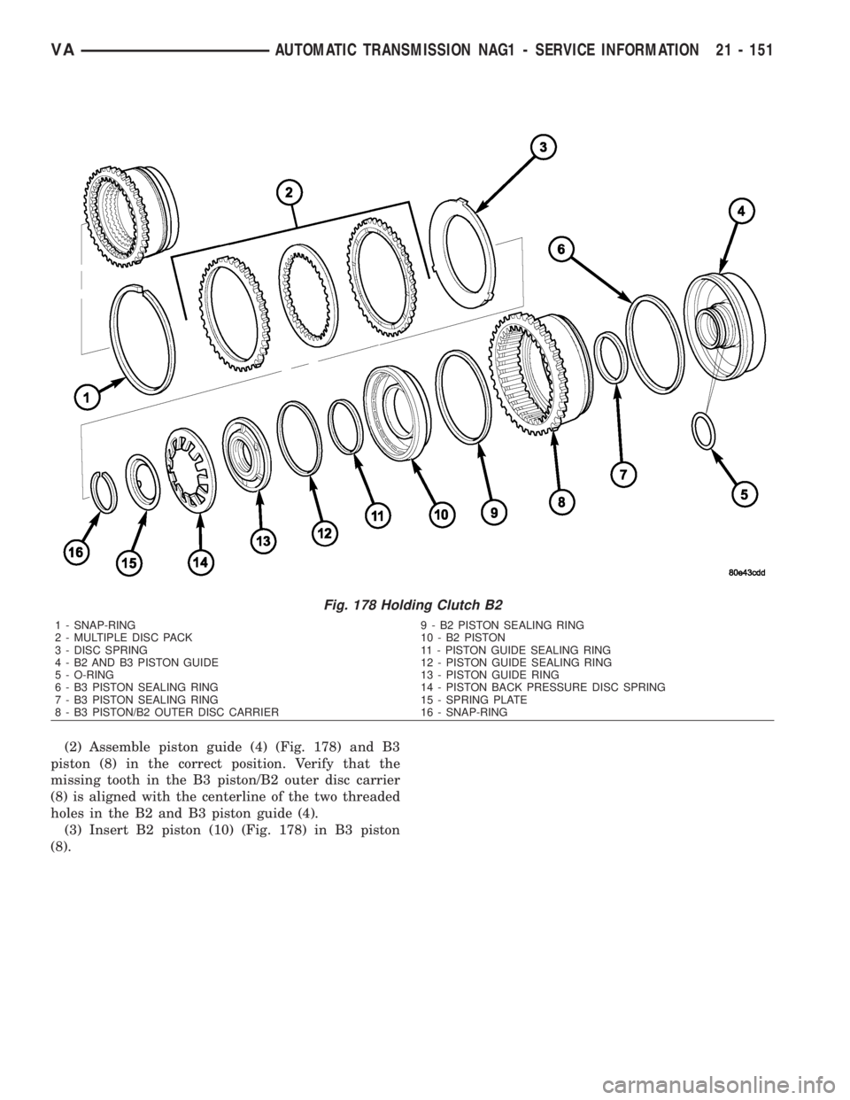 MERCEDES-BENZ SPRINTER 2006  Service Manual (2) Assemble piston guide (4) (Fig. 178) and B3
piston (8) in the correct position. Verify that the
missing tooth in the B3 piston/B2 outer disc carrier
(8) is aligned with the centerline of the two t