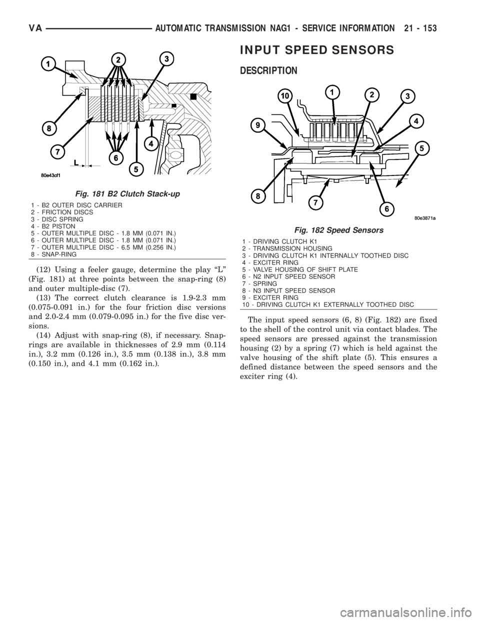 MERCEDES-BENZ SPRINTER 2006  Service Manual (12) Using a feeler gauge, determine the play ªLº
(Fig. 181) at three points between the snap-ring (8)
and outer multiple-disc (7).
(13) The correct clutch clearance is 1.9-2.3 mm
(0.075-0.091 in.) 