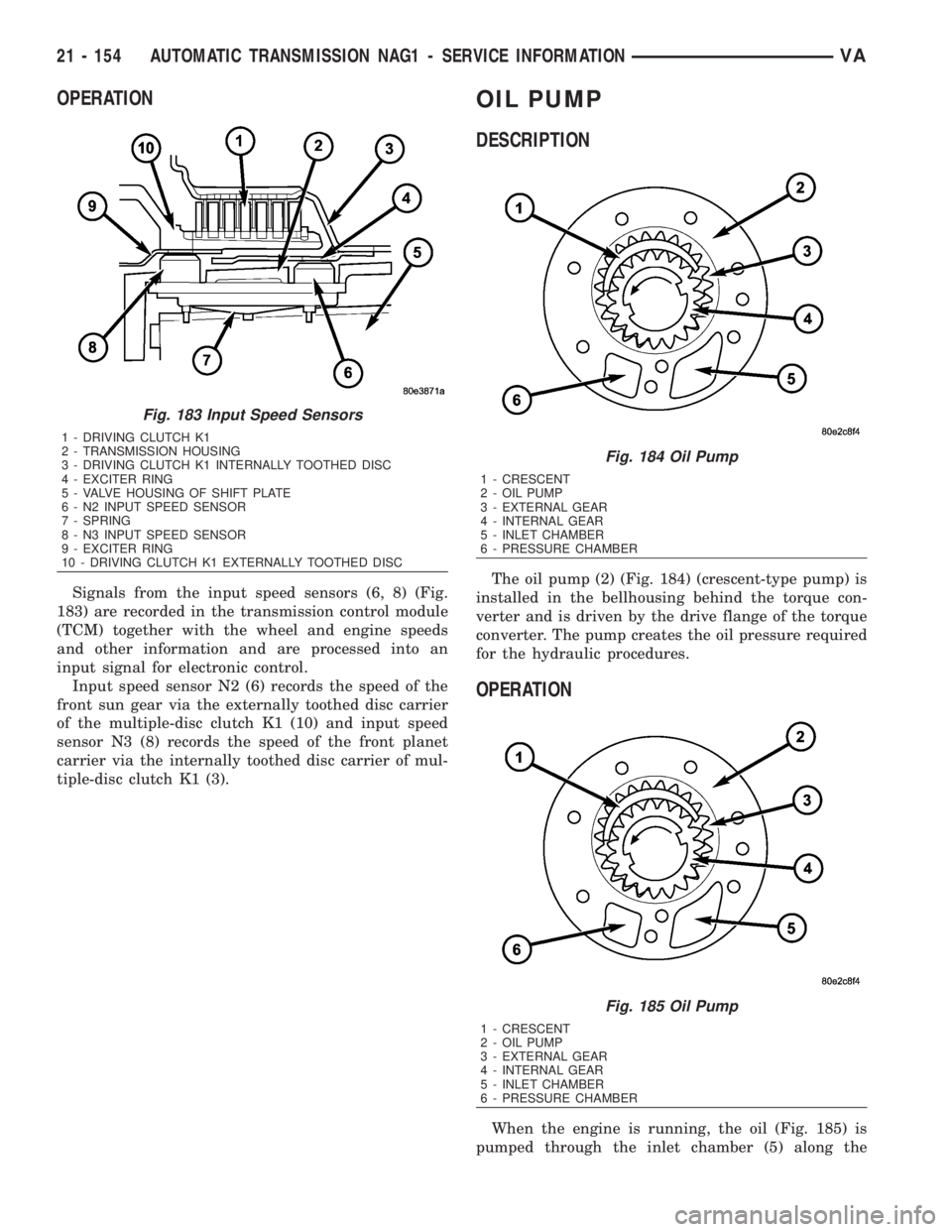 MERCEDES-BENZ SPRINTER 2006  Service Manual OPERATION
Signals from the input speed sensors (6, 8) (Fig.
183) are recorded in the transmission control module
(TCM) together with the wheel and engine speeds
and other information and are processed