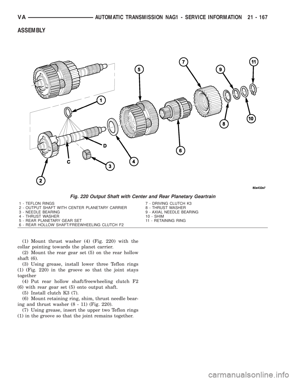 MERCEDES-BENZ SPRINTER 2006  Service Manual ASSEMBLY
(1) Mount thrust washer (4) (Fig. 220) with the
collar pointing towards the planet carrier.
(2) Mount the rear gear set (5) on the rear hollow
shaft (6).
(3) Using grease, install lower three