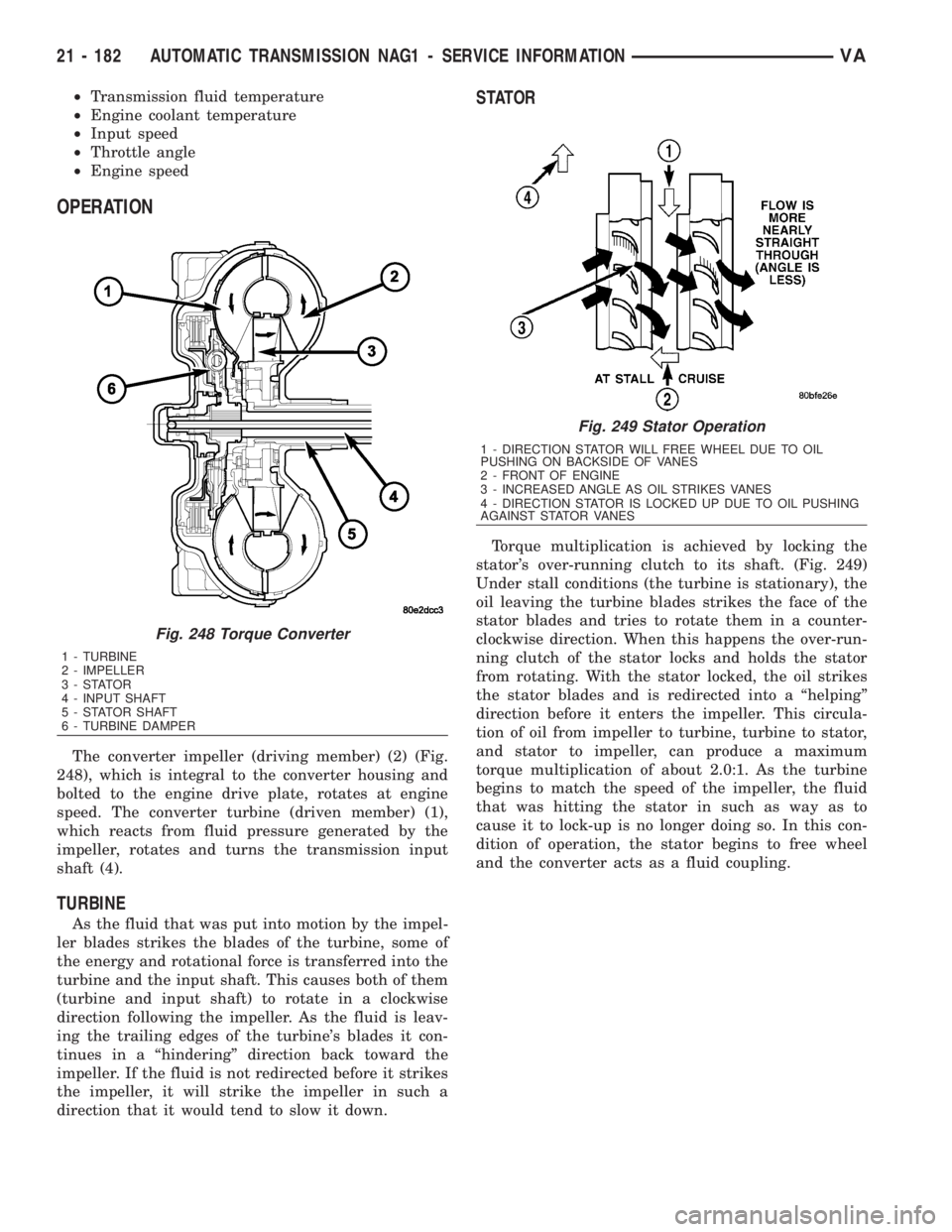 MERCEDES-BENZ SPRINTER 2006  Service Manual ²Transmission fluid temperature
²Engine coolant temperature
²Input speed
²Throttle angle
²Engine speed
OPERATION
The converter impeller (driving member) (2) (Fig.
248), which is integral to the c