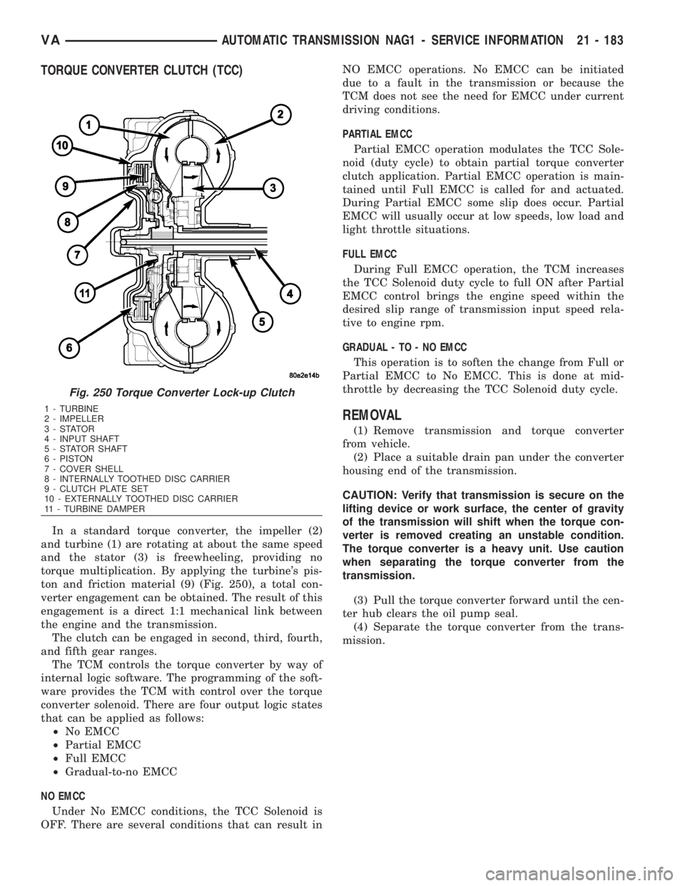 MERCEDES-BENZ SPRINTER 2006  Service Manual TORQUE CONVERTER CLUTCH (TCC)
In a standard torque converter, the impeller (2)
and turbine (1) are rotating at about the same speed
and the stator (3) is freewheeling, providing no
torque multiplicati