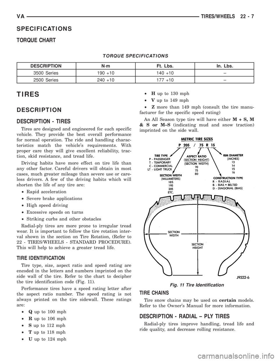 MERCEDES-BENZ SPRINTER 2006  Service Manual SPECIFICATIONS
TORQUE CHART
TORQUE SPECIFICATIONS
DESCRIPTION N´m Ft. Lbs. In. Lbs.
3500 Series 190 +10 140 +10 ±
2500 Series 240 +10 177 +10 ±
TIRES
DESCRIPTION
DESCRIPTION - TIRES
Tires are desig