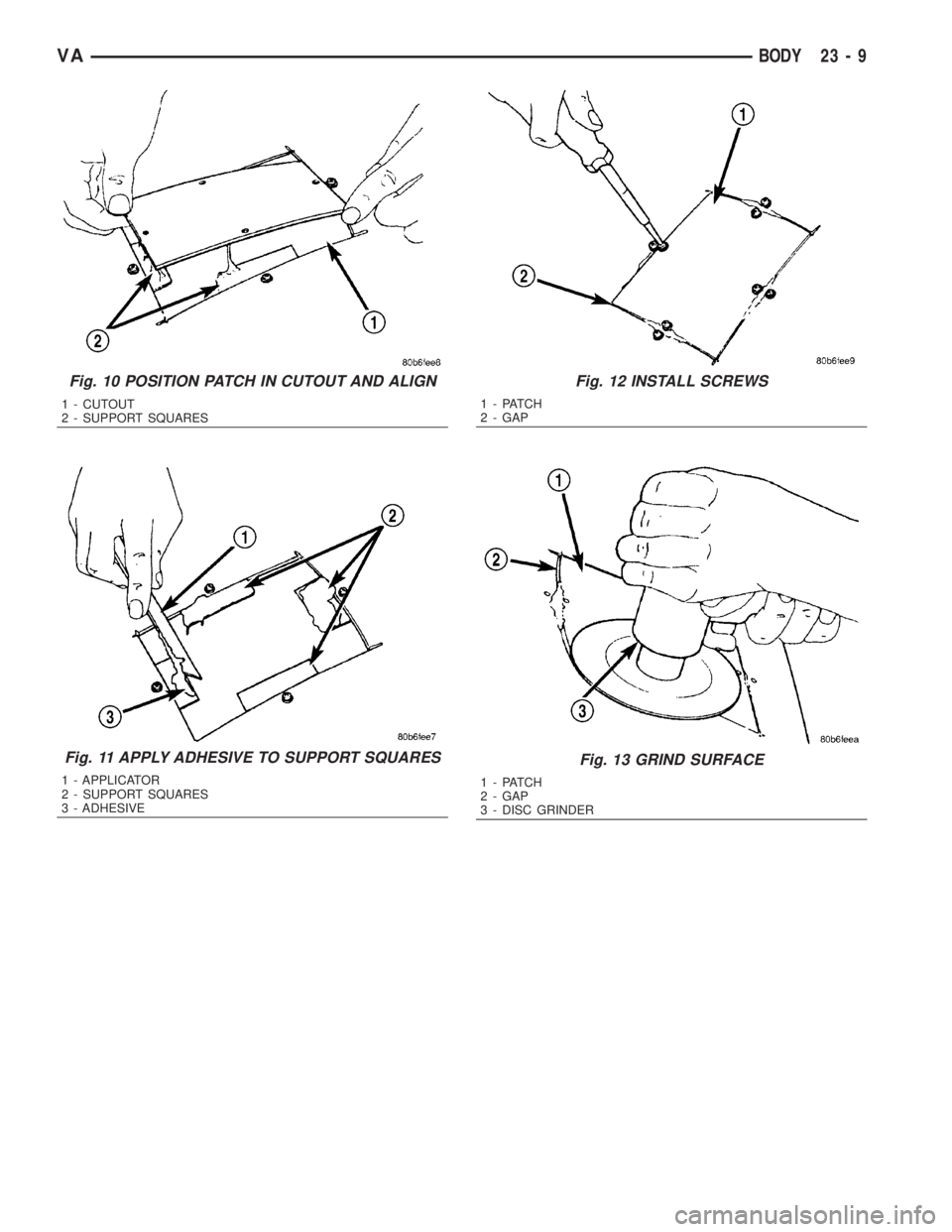 MERCEDES-BENZ SPRINTER 2006  Service Manual Fig. 10 POSITION PATCH IN CUTOUT AND ALIGN
1 - CUTOUT
2 - SUPPORT SQUARES
Fig. 11 APPLY ADHESIVE TO SUPPORT SQUARES
1 - APPLICATOR
2 - SUPPORT SQUARES
3 - ADHESIVE
Fig. 12 INSTALL SCREWS
1 - PATCH
2 -