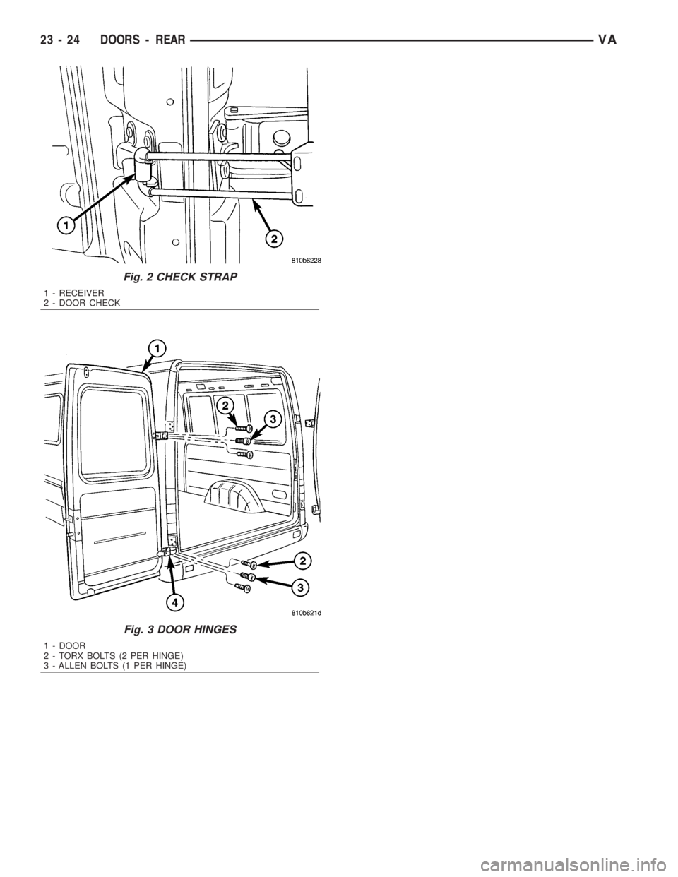 MERCEDES-BENZ SPRINTER 2006  Service Manual Fig. 2 CHECK STRAP
1 - RECEIVER
2 - DOOR CHECK
Fig. 3 DOOR HINGES
1 - DOOR
2 - TORX BOLTS (2 PER HINGE)
3 - ALLEN BOLTS (1 PER HINGE)
23 - 24 DOORS - REARVA 