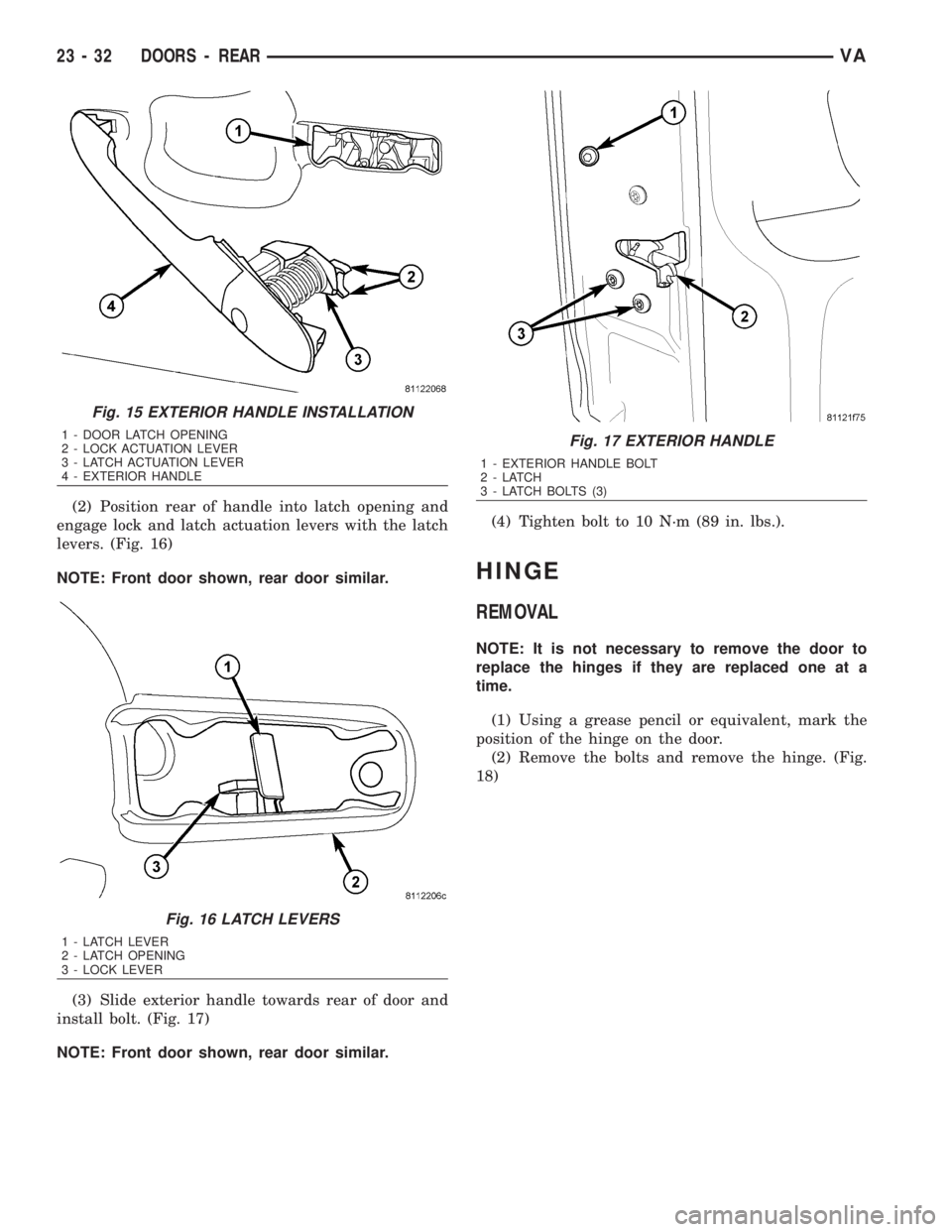 MERCEDES-BENZ SPRINTER 2006  Service Manual (2) Position rear of handle into latch opening and
engage lock and latch actuation levers with the latch
levers. (Fig. 16)
NOTE: Front door shown, rear door similar.
(3) Slide exterior handle towards 