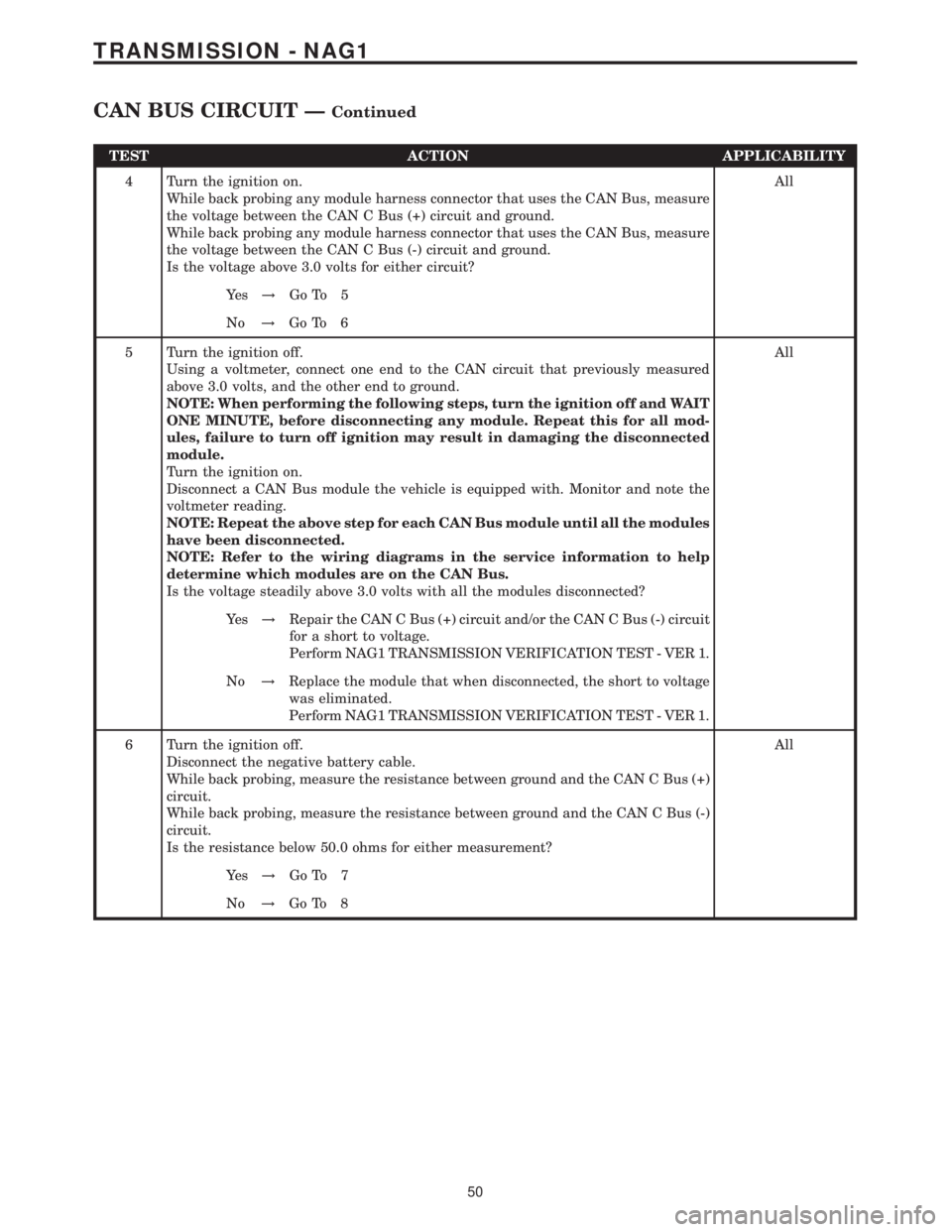 MERCEDES-BENZ SPRINTER 2006  Service Manual TEST ACTION APPLICABILITY
4 Turn the ignition on.
While back probing any module harness connector that uses the CAN Bus, measure
the voltage between the CAN C Bus (+) circuit and ground.
While back pr