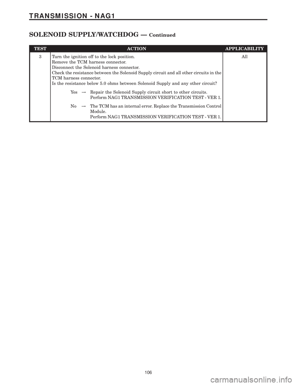 MERCEDES-BENZ SPRINTER 2006  Service Manual TEST ACTION APPLICABILITY
3 Turn the ignition off to the lock position.
Remove the TCM harness connector.
Disconnect the Solenoid harness connector.
Check the resistance between the Solenoid Supply ci