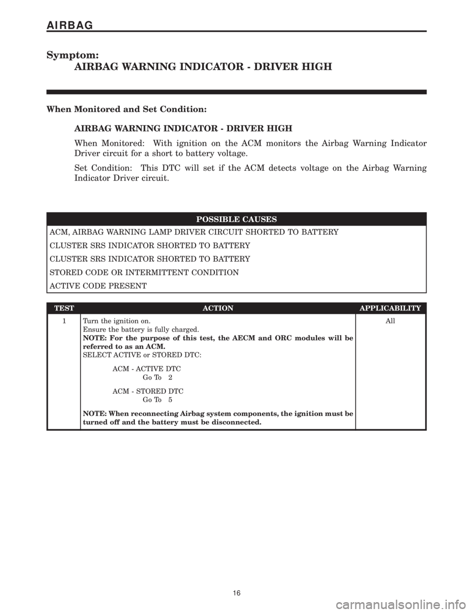 MERCEDES-BENZ SPRINTER 2006  Service Manual Symptom:
AIRBAG WARNING INDICATOR - DRIVER HIGH
When Monitored and Set Condition:
AIRBAG WARNING INDICATOR - DRIVER HIGH
When Monitored: With ignition on the ACM monitors the Airbag Warning Indicator
