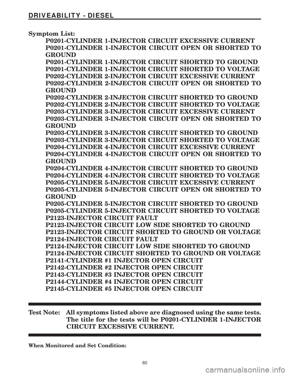 MERCEDES-BENZ SPRINTER 2006  Service Manual Symptom List:
P0201-CYLINDER 1-INJECTOR CIRCUIT EXCESSIVE CURRENT
P0201-CYLINDER 1-INJECTOR CIRCUIT OPEN OR SHORTED TO
GROUND
P0201-CYLINDER 1-INJECTOR CIRCUIT SHORTED TO GROUND
P0201-CYLINDER 1-INJEC