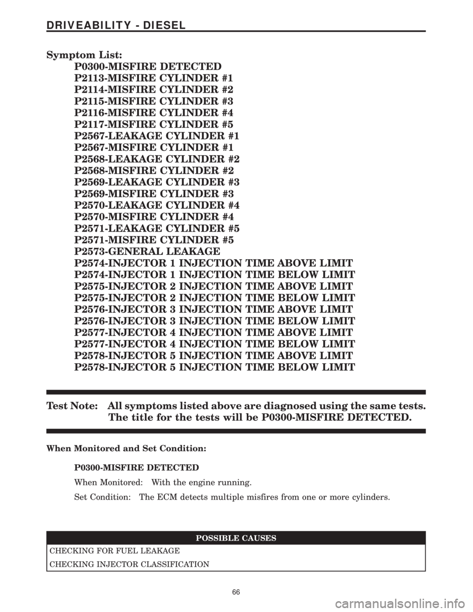 MERCEDES-BENZ SPRINTER 2006  Service Manual Symptom List:
P0300-MISFIRE DETECTED
P2113-MISFIRE CYLINDER #1
P2114-MISFIRE CYLINDER #2
P2115-MISFIRE CYLINDER #3
P2116-MISFIRE CYLINDER #4
P2117-MISFIRE CYLINDER #5
P2567-LEAKAGE CYLINDER #1
P2567-M