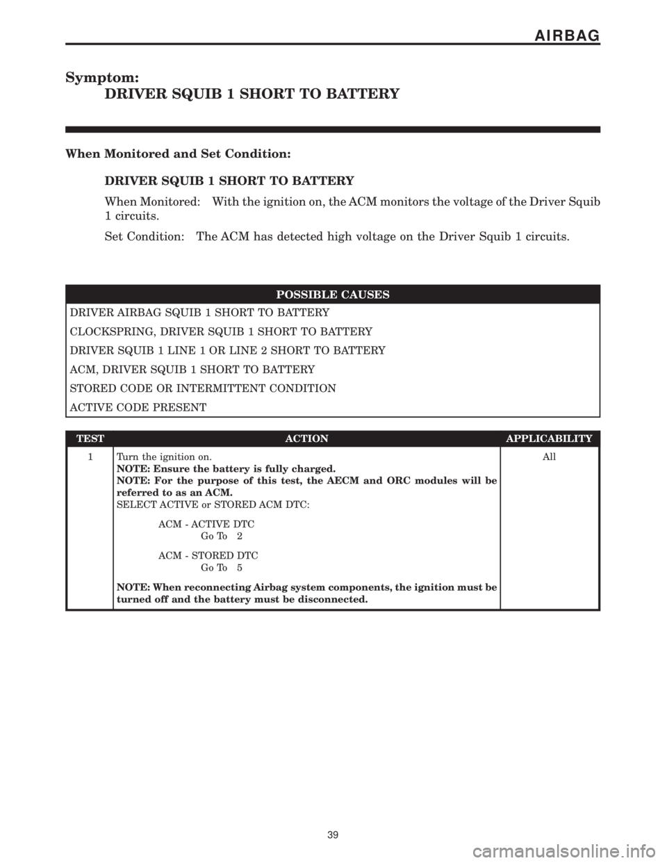 MERCEDES-BENZ SPRINTER 2006  Service Manual Symptom:
DRIVER SQUIB 1 SHORT TO BATTERY
When Monitored and Set Condition:
DRIVER SQUIB 1 SHORT TO BATTERY
When Monitored: With the ignition on, the ACM monitors the voltage of the Driver Squib
1 circ