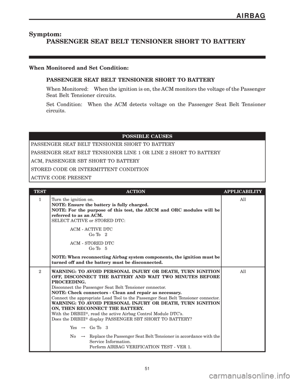 MERCEDES-BENZ SPRINTER 2006  Service Manual Symptom:
PASSENGER SEAT BELT TENSIONER SHORT TO BATTERY
When Monitored and Set Condition:
PASSENGER SEAT BELT TENSIONER SHORT TO BATTERY
When Monitored: When the ignition is on, the ACM monitors the v