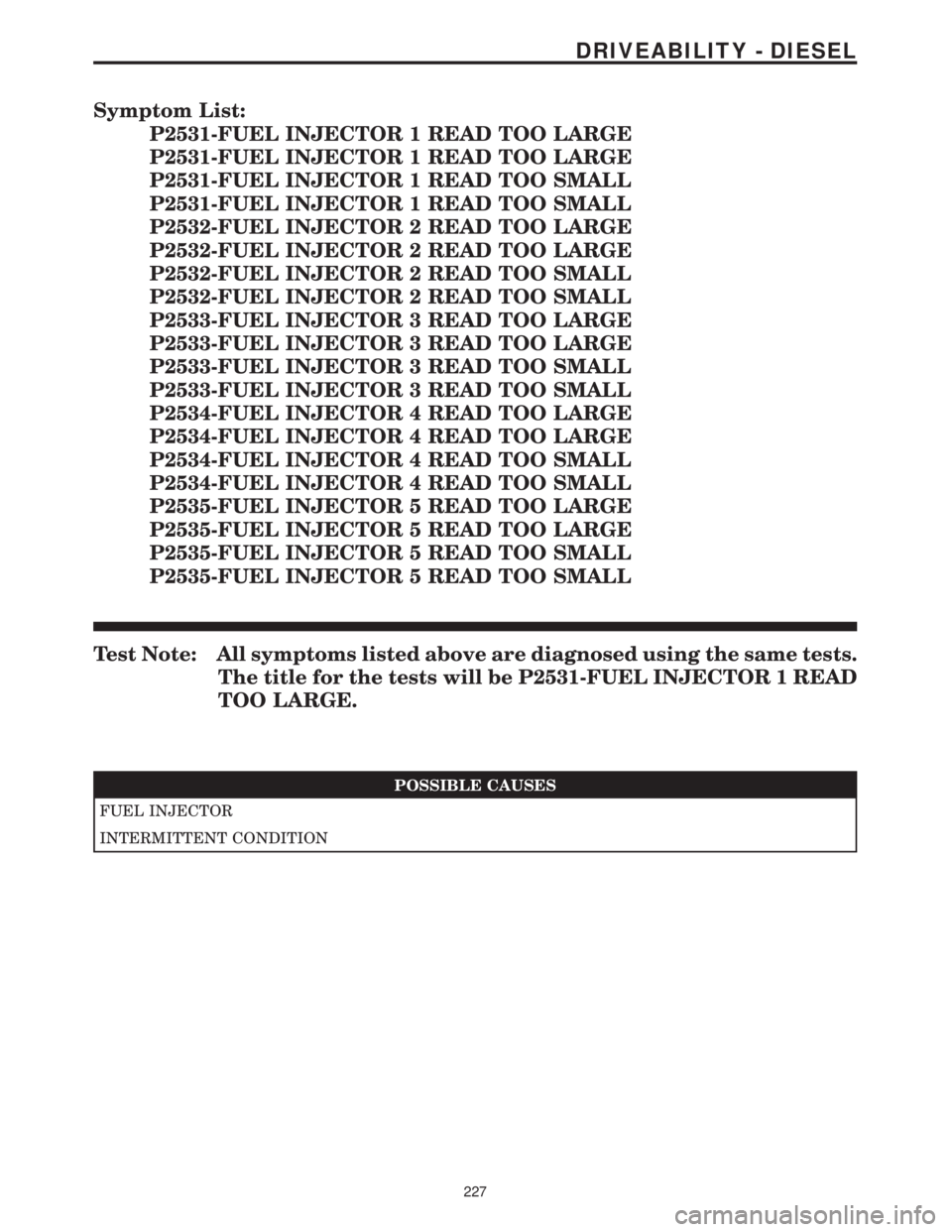 MERCEDES-BENZ SPRINTER 2006  Service Manual Symptom List:
P2531-FUEL INJECTOR 1 READ TOO LARGE
P2531-FUEL INJECTOR 1 READ TOO LARGE
P2531-FUEL INJECTOR 1 READ TOO SMALL
P2531-FUEL INJECTOR 1 READ TOO SMALL
P2532-FUEL INJECTOR 2 READ TOO LARGE
P