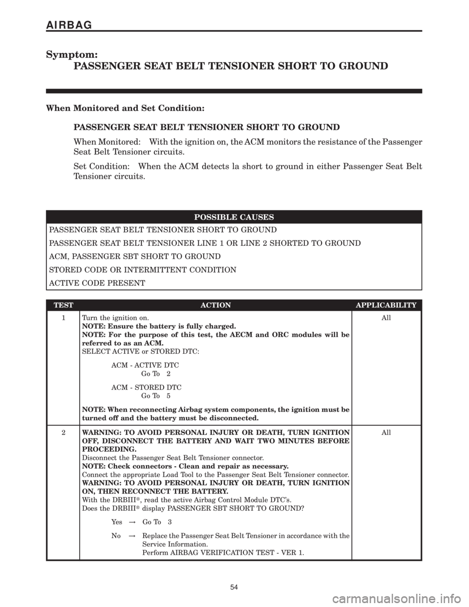 MERCEDES-BENZ SPRINTER 2006  Service Manual Symptom:
PASSENGER SEAT BELT TENSIONER SHORT TO GROUND
When Monitored and Set Condition:
PASSENGER SEAT BELT TENSIONER SHORT TO GROUND
When Monitored: With the ignition on, the ACM monitors the resist