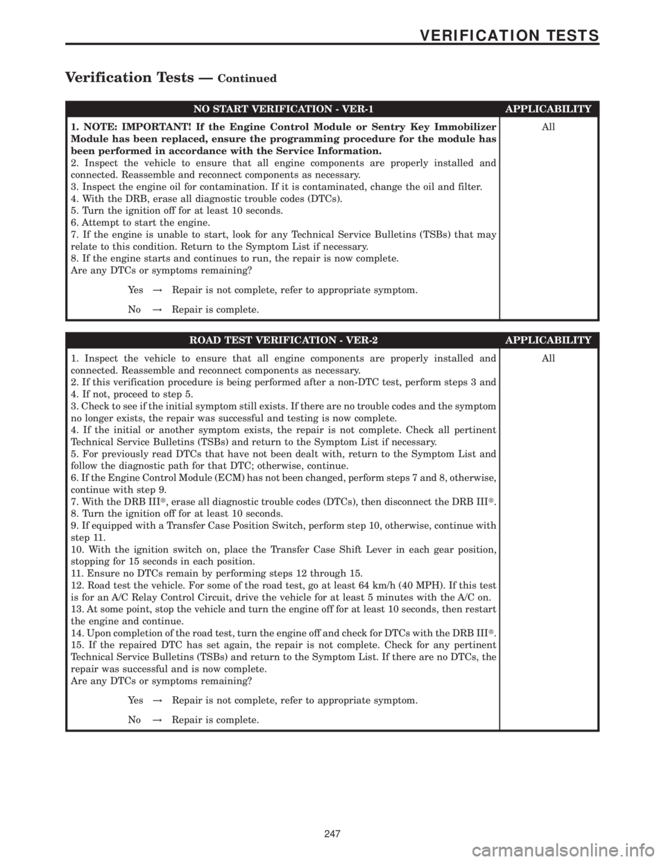 MERCEDES-BENZ SPRINTER 2006  Service Manual NO START VERIFICATION - VER-1 APPLICABILITY
1. NOTE: IMPORTANT! If the Engine Control Module or Sentry Key Immobilizer
Module has been replaced, ensure the programming procedure for the module has
bee