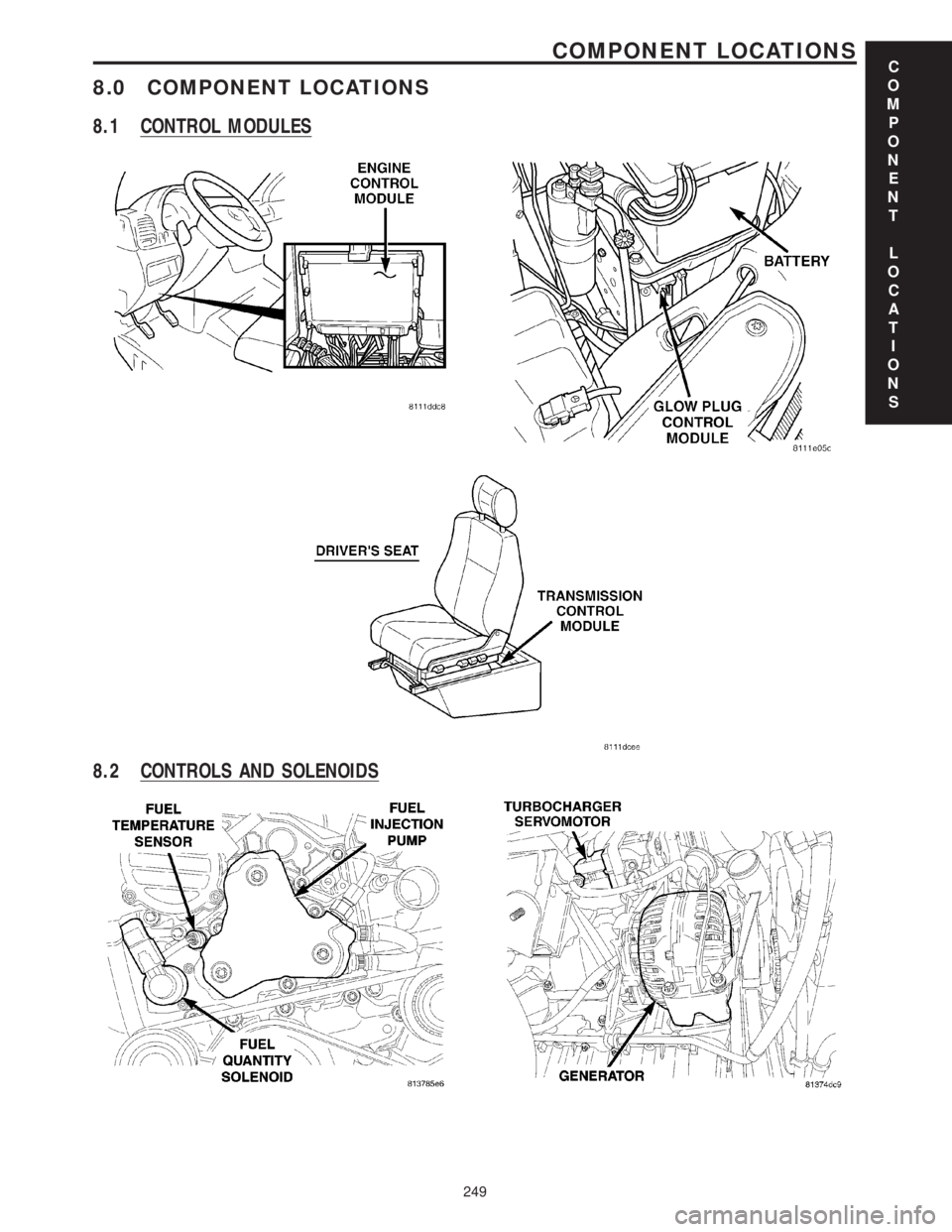MERCEDES-BENZ SPRINTER 2006  Service Manual 8.0 COMPONENT LOCATIONS
8.1 CONTROL MODULES
8.2 CONTROLS AND SOLENOIDS
C
O
M
P
O
N
E
N
T
L
O
C
A
T
I
O
N
S
249
COMPONENT LOCATIONS 