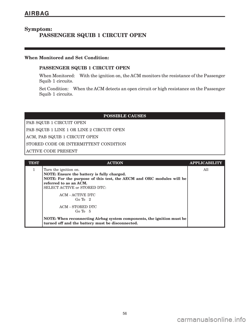 MERCEDES-BENZ SPRINTER 2006  Service Manual Symptom:
PASSENGER SQUIB 1 CIRCUIT OPEN
When Monitored and Set Condition:
PASSENGER SQUIB 1 CIRCUIT OPEN
When Monitored: With the ignition on, the ACM monitors the resistance of the Passenger
Squib 1 