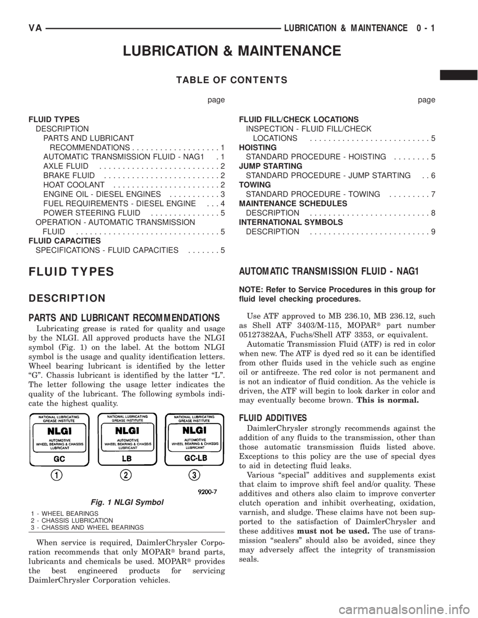 MERCEDES-BENZ SPRINTER 2006  Service Manual LUBRICATION & MAINTENANCE
TABLE OF CONTENTS
page page
FLUID TYPES
DESCRIPTION
PARTS AND LUBRICANT
RECOMMENDATIONS...................1
AUTOMATIC TRANSMISSION FLUID - NAG1 . 1
AXLE FLUID................