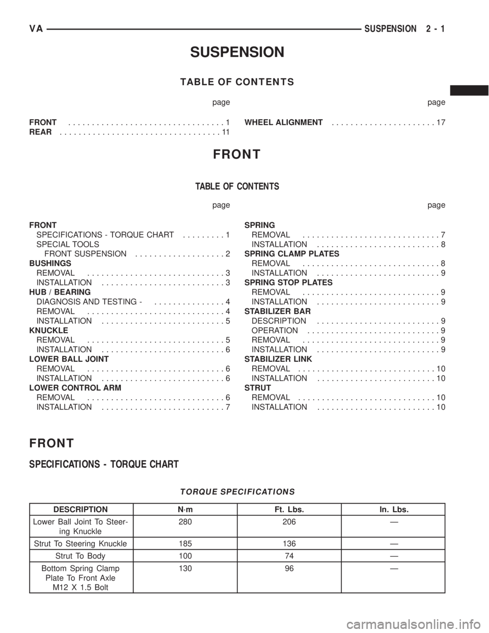 MERCEDES-BENZ SPRINTER 2006  Service Manual SUSPENSION
TABLE OF CONTENTS
page page
FRONT.................................1
REAR..................................11WHEEL ALIGNMENT......................17
FRONT
TABLE OF CONTENTS
page page
FRONT
S