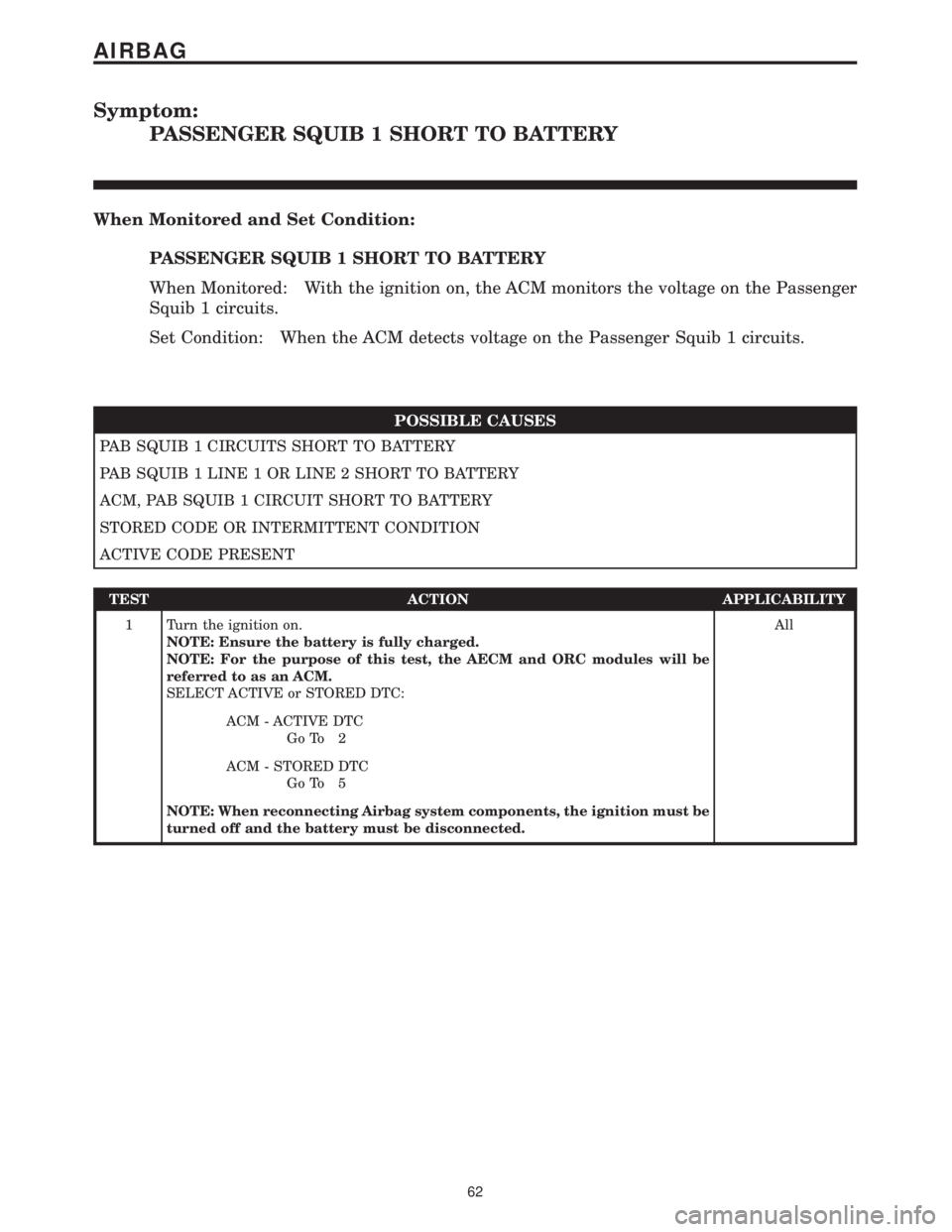 MERCEDES-BENZ SPRINTER 2006  Service Manual Symptom:
PASSENGER SQUIB 1 SHORT TO BATTERY
When Monitored and Set Condition:
PASSENGER SQUIB 1 SHORT TO BATTERY
When Monitored: With the ignition on, the ACM monitors the voltage on the Passenger
Squ