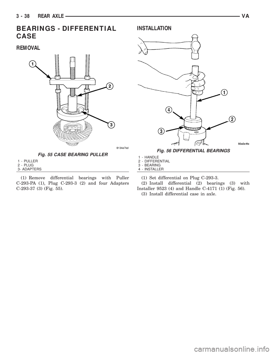 MERCEDES-BENZ SPRINTER 2006  Service Manual BEARINGS - DIFFERENTIAL
CASE
REMOVAL
(1) Remove differential bearings with Puller
C-293-PA (1), Plug C-293-3 (2) and four Adapters
C-293-37 (3) (Fig. 55).
INSTALLATION
(1) Set differential on Plug C-2