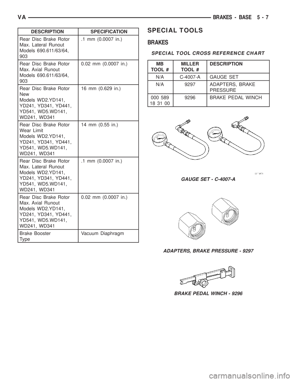MERCEDES-BENZ SPRINTER 2006  Service Manual DESCRIPTION SPECIFICATION
Rear Disc Brake Rotor
Max. Lateral Runout
Models 690.611/63/64,
903.1 mm (0.0007 in.)
Rear Disc Brake Rotor
Max. Axial Runout
Models 690.611/63/64,
9030.02 mm (0.0007 in.)
Re