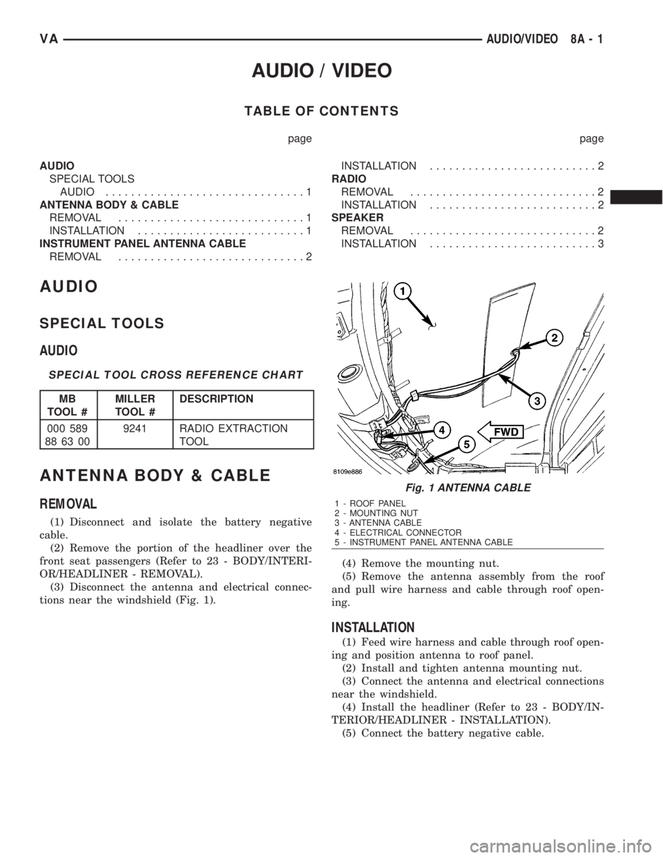 MERCEDES-BENZ SPRINTER 2006  Service Manual AUDIO / VIDEO
TABLE OF CONTENTS
page page
AUDIO
SPECIAL TOOLS
AUDIO...............................1
ANTENNA BODY & CABLE
REMOVAL.............................1
INSTALLATION..........................1
I