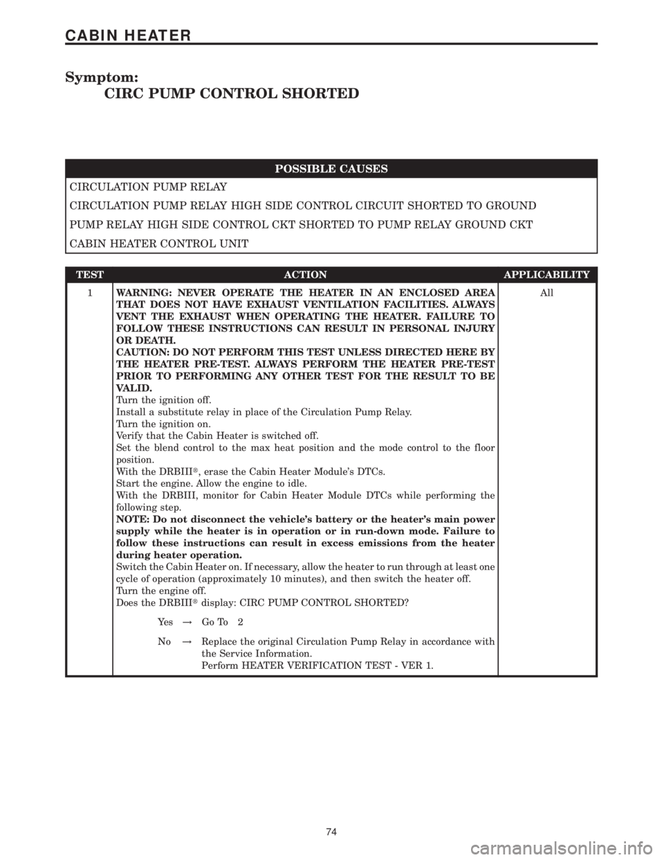 MERCEDES-BENZ SPRINTER 2006  Service Manual Symptom:
CIRC PUMP CONTROL SHORTED
POSSIBLE CAUSES
CIRCULATION PUMP RELAY
CIRCULATION PUMP RELAY HIGH SIDE CONTROL CIRCUIT SHORTED TO GROUND
PUMP RELAY HIGH SIDE CONTROL CKT SHORTED TO PUMP RELAY GROU